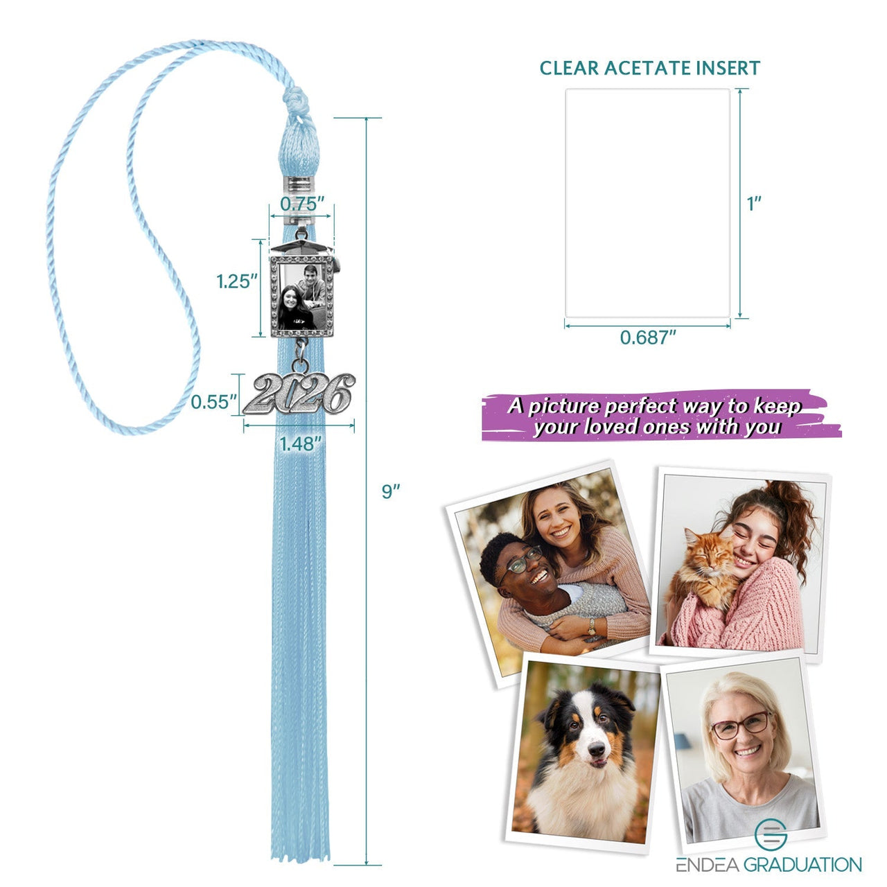 Light Blue Tassel with Photo Frame Charm and Year Date Drop - Endea Graduation