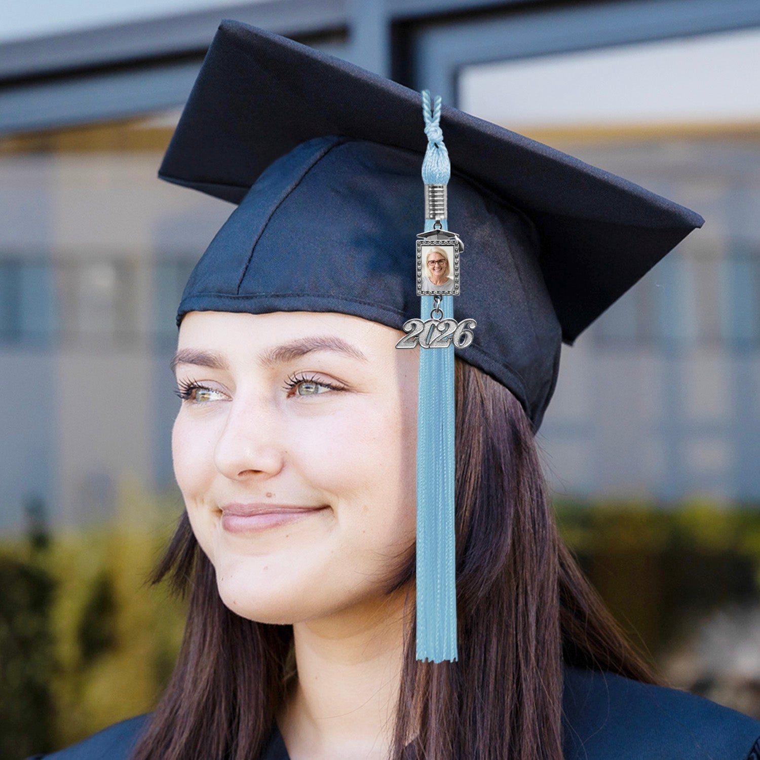 Light Blue Tassel with Photo Frame Charm and Year Date Drop - Endea Graduation