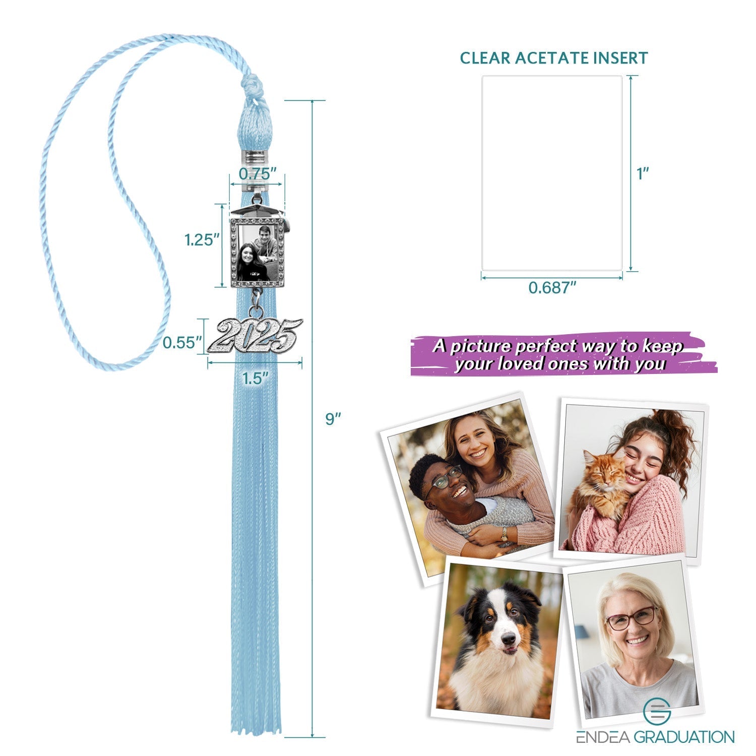 Light Blue Tassel with Photo Frame Charm and Year Date Drop - Endea Graduation