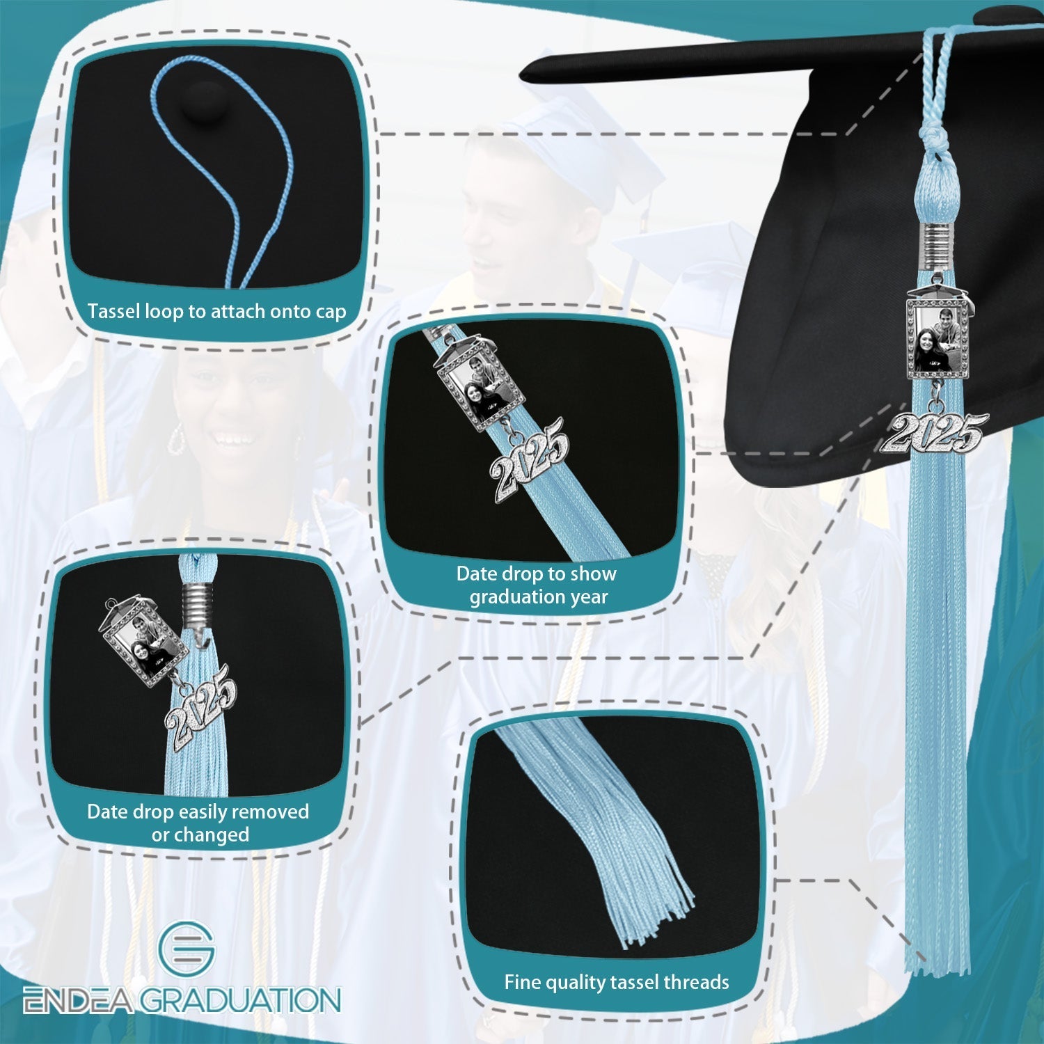 Light Blue Tassel with Photo Frame Charm and Year Date Drop - Endea Graduation