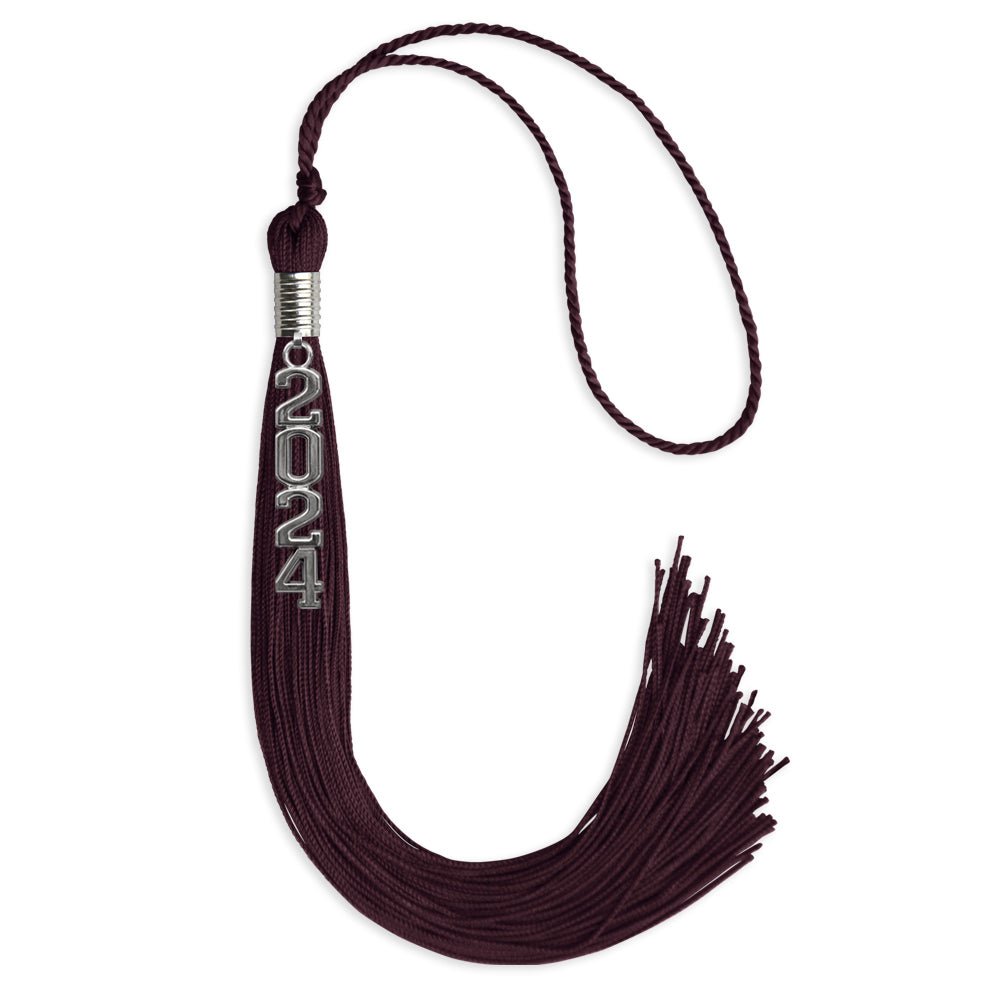 Maroon Graduation Tassel with Silver Stacked Date Drop - Endea Graduation