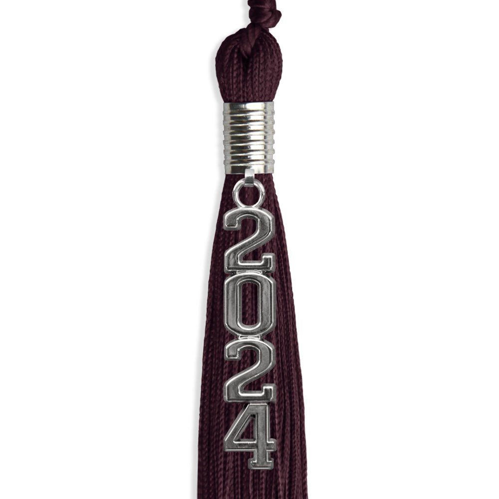 Maroon Graduation Tassel with Silver Stacked Date Drop - Endea Graduation