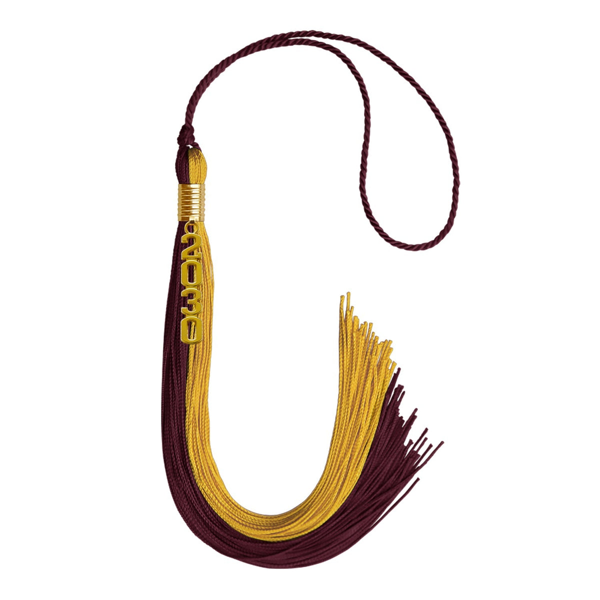 Maroon/Bright Gold Graduation Tassel with Gold Stacked Date Drop - Endea Graduation