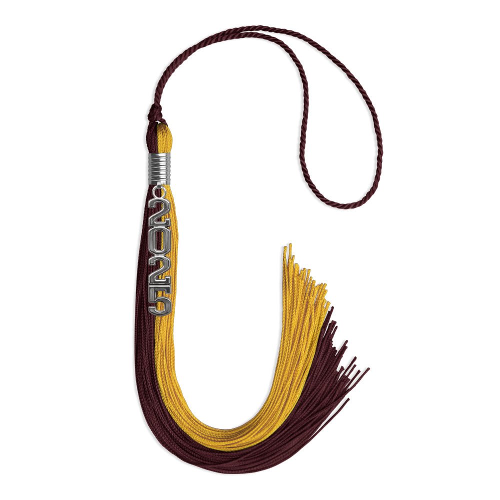 Maroon/Bright Gold Graduation Tassel with Silver Stacked Date Drop - Endea Graduation