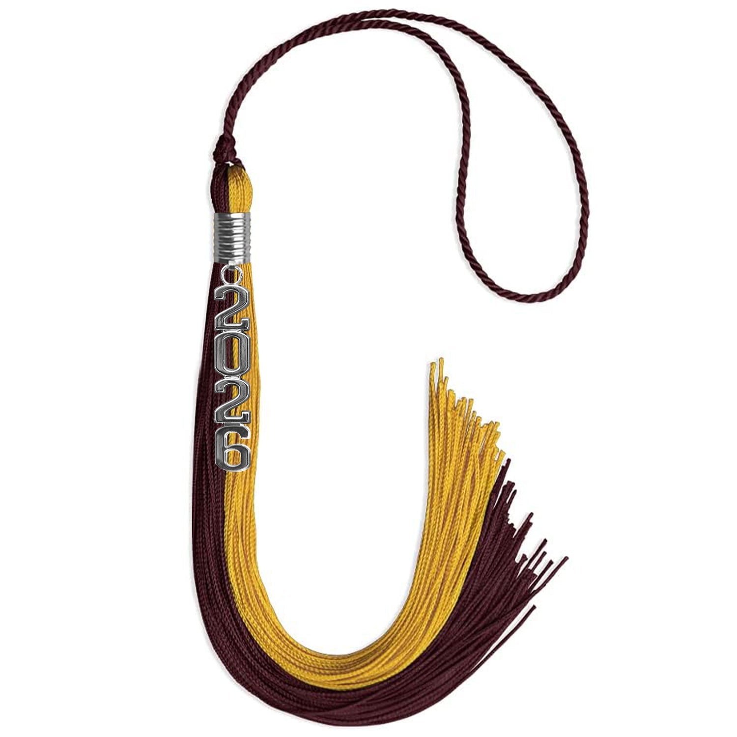 Maroon/Bright Gold Graduation Tassel with Silver Stacked Date Drop - Endea Graduation