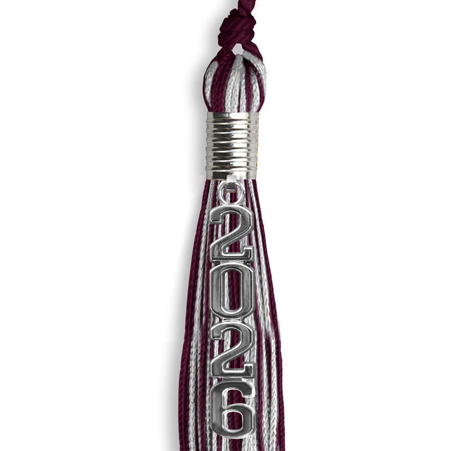 Maroon/Silver Mixed Color Graduation Tassel with Stacked Silver Date Drop - Endea Graduation