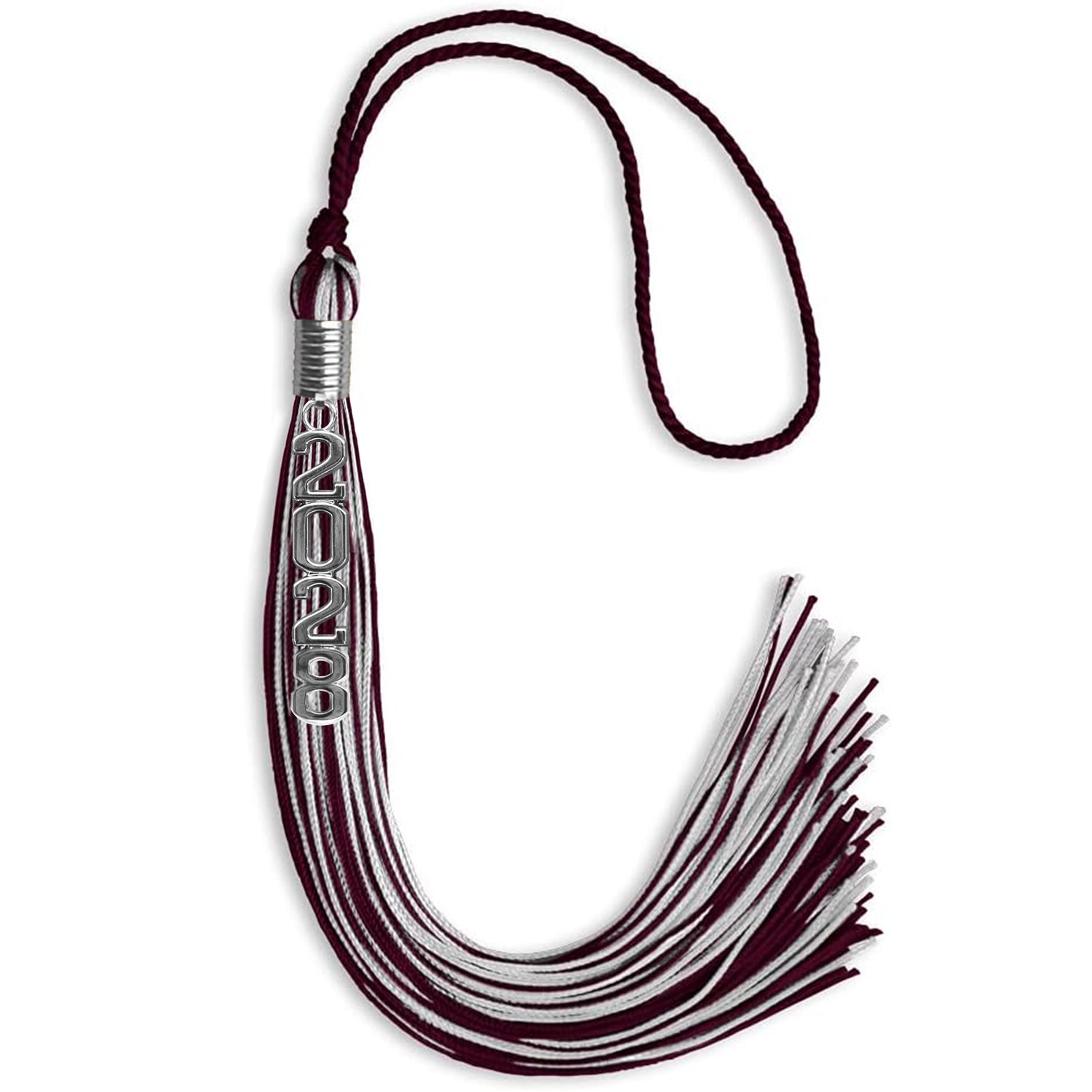 Maroon/Silver Mixed Color Graduation Tassel with Stacked Silver Date Drop - Endea Graduation