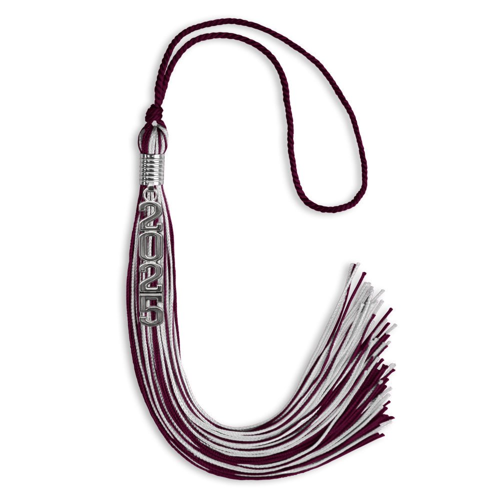 Maroon/Silver Mixed Color Graduation Tassel with Stacked Silver Date Drop - Endea Graduation