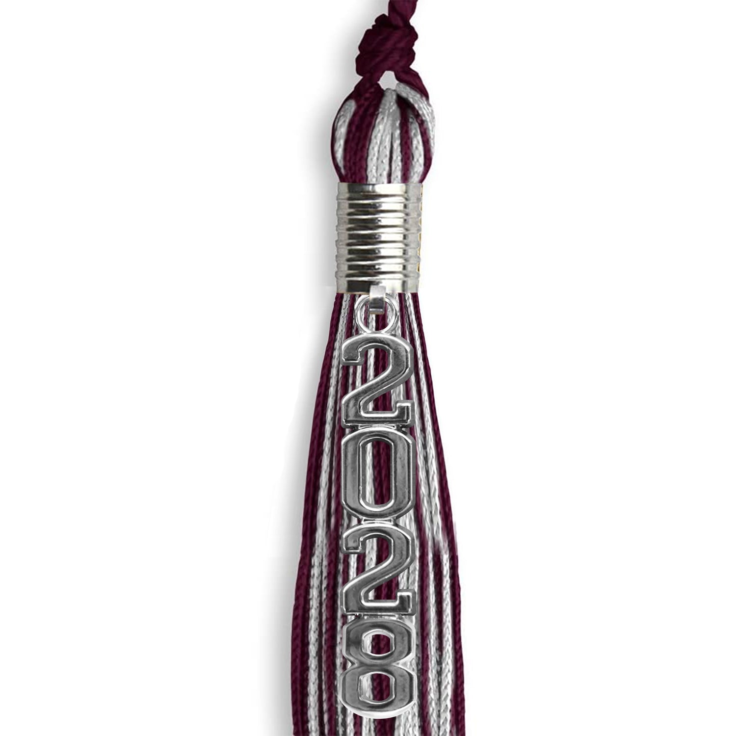 Maroon/Silver Mixed Color Graduation Tassel with Stacked Silver Date Drop - Endea Graduation