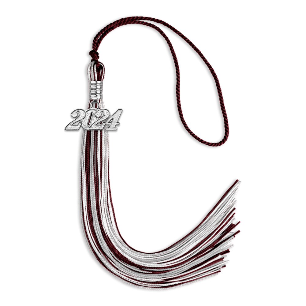 Maroon/Silver/White Mixed Color Graduation Tassel with Silver Date Drop - Endea Graduation