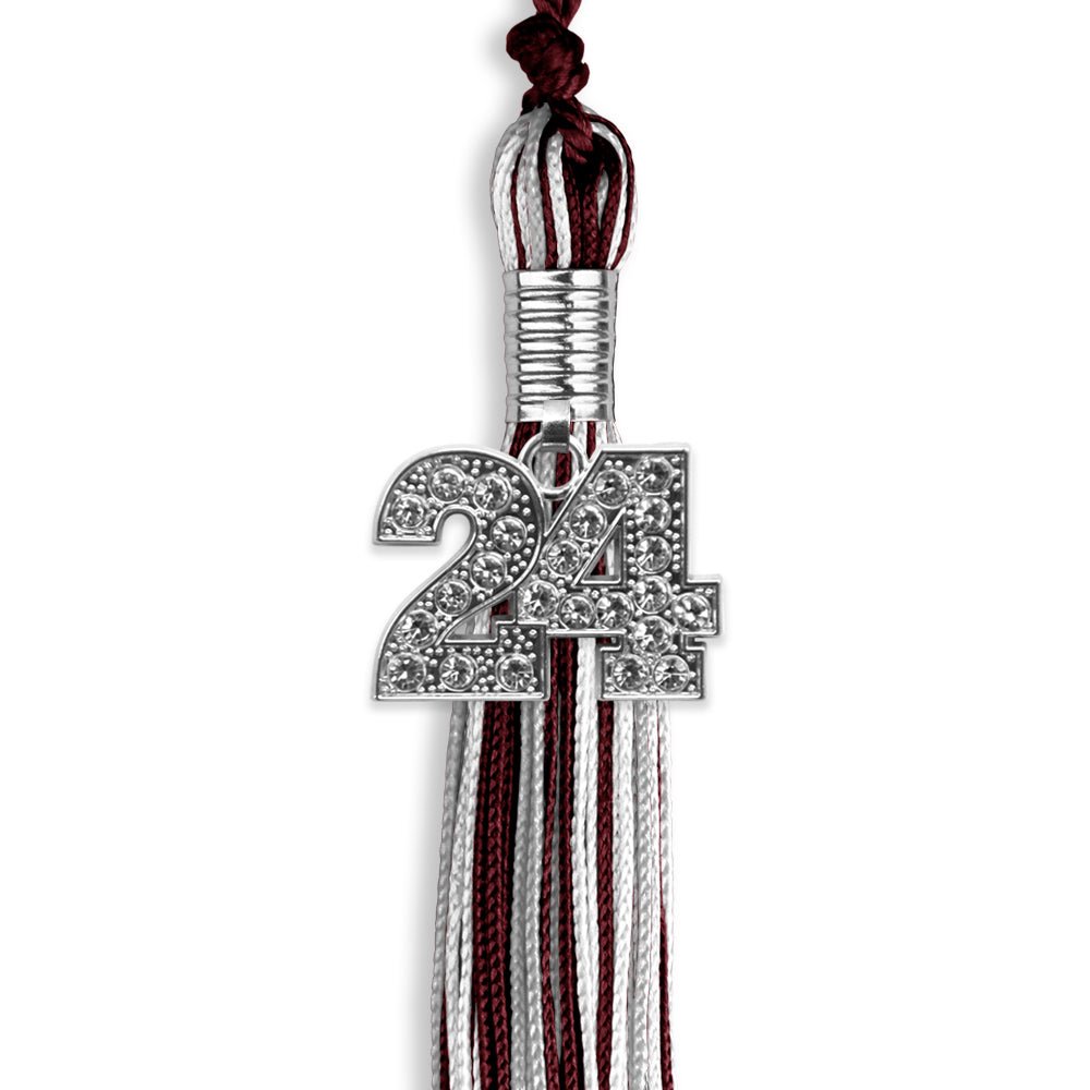 Maroon/Silver/White Mixed Color Graduation Tassel with Silver Date Drop - Endea Graduation