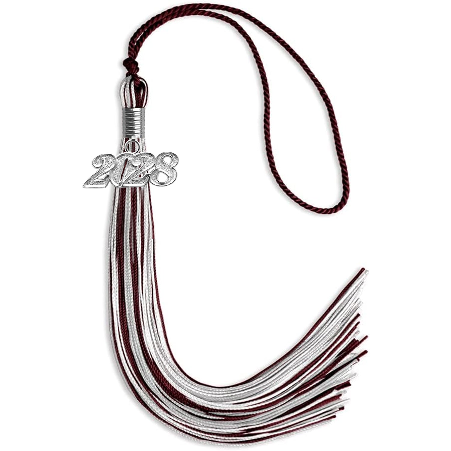 Maroon/Silver/White Mixed Color Graduation Tassel with Silver Date Drop - Endea Graduation