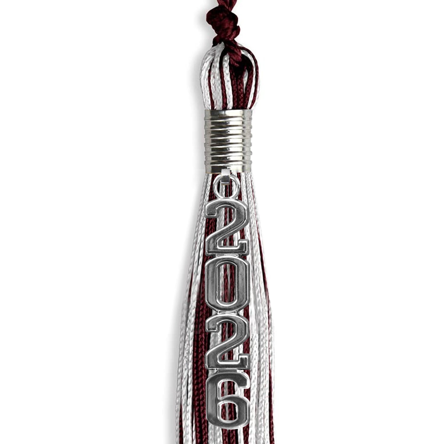 Maroon/Silver/White Mixed Color Graduation Tassel with Silver Stacked Date Drop - Endea Graduation