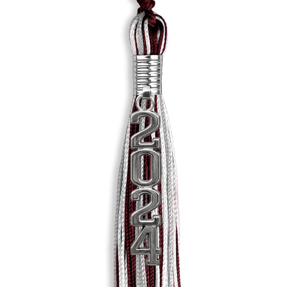 Maroon/Silver/White Mixed Color Graduation Tassel with Silver Stacked Date Drop - Endea Graduation