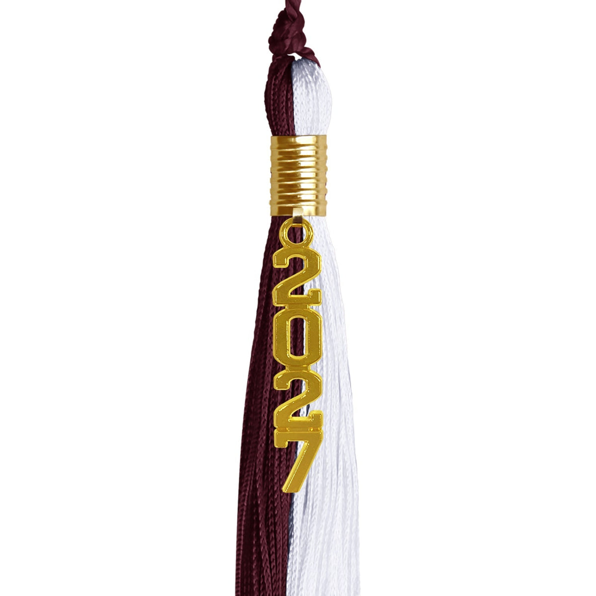 Maroon/White Graduation Tassel with Gold Stacked Date Drop - Endea Graduation