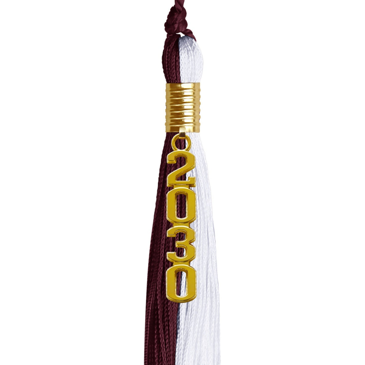 Maroon/White Graduation Tassel with Gold Stacked Date Drop - Endea Graduation