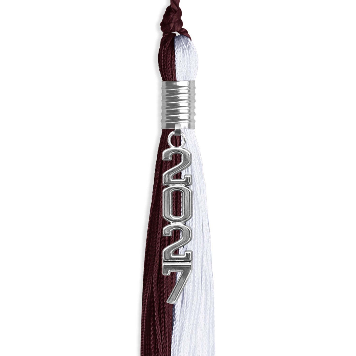 Maroon/White Graduation Tassel with Silver Stacked Date Drop - Endea Graduation