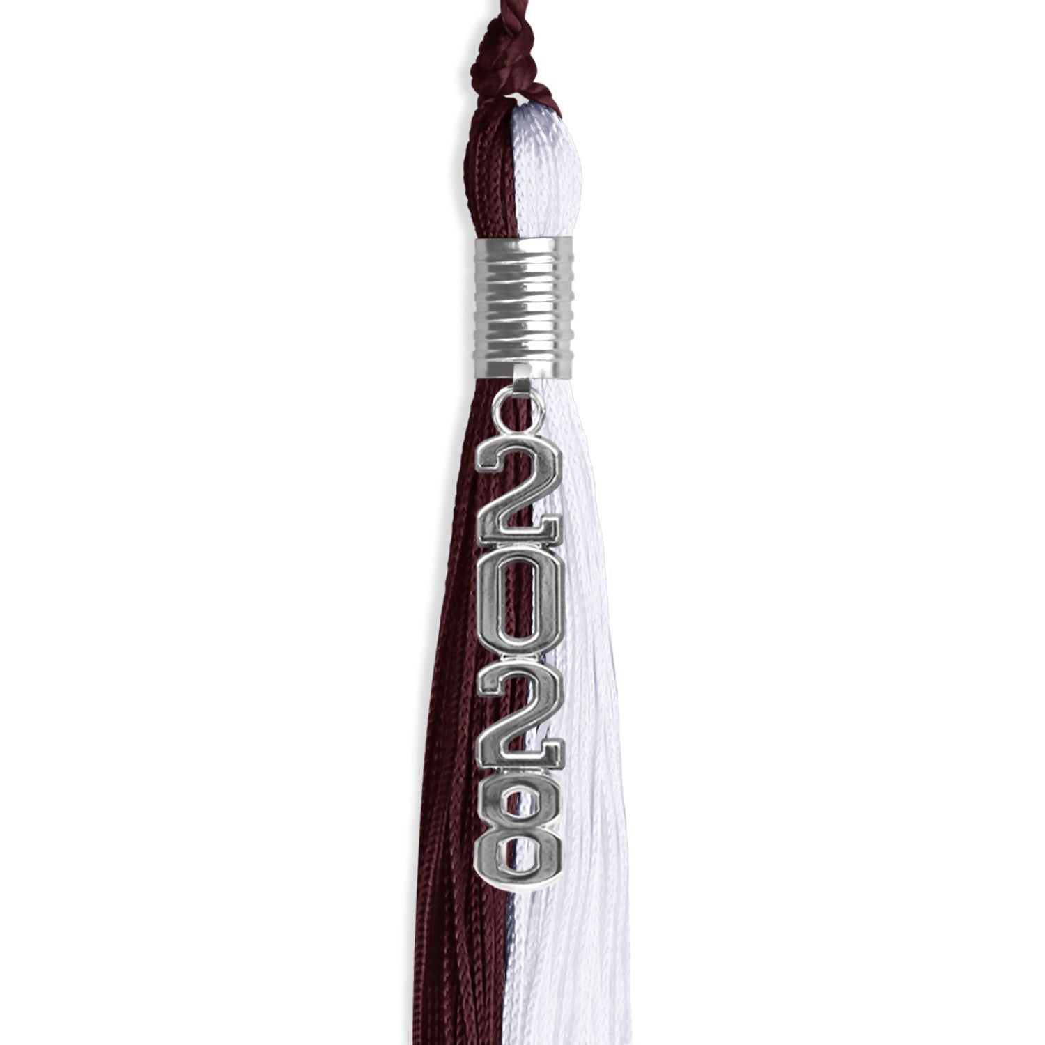 Maroon/White Graduation Tassel with Silver Stacked Date Drop - Endea Graduation