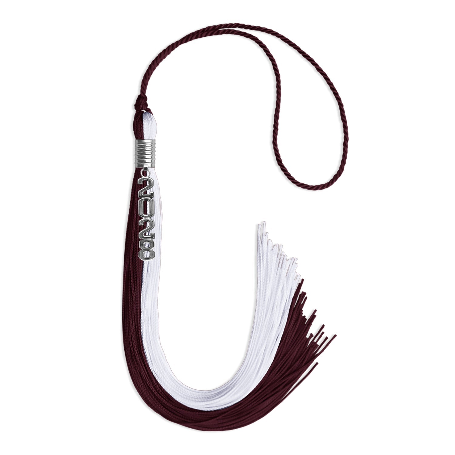 Maroon/White Graduation Tassel with Silver Stacked Date Drop - Endea Graduation