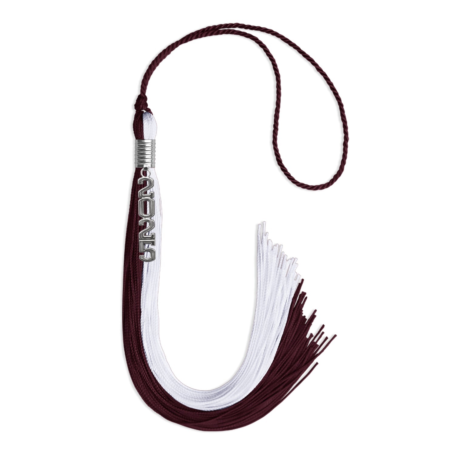 Maroon/White Graduation Tassel with Silver Stacked Date Drop - Endea Graduation