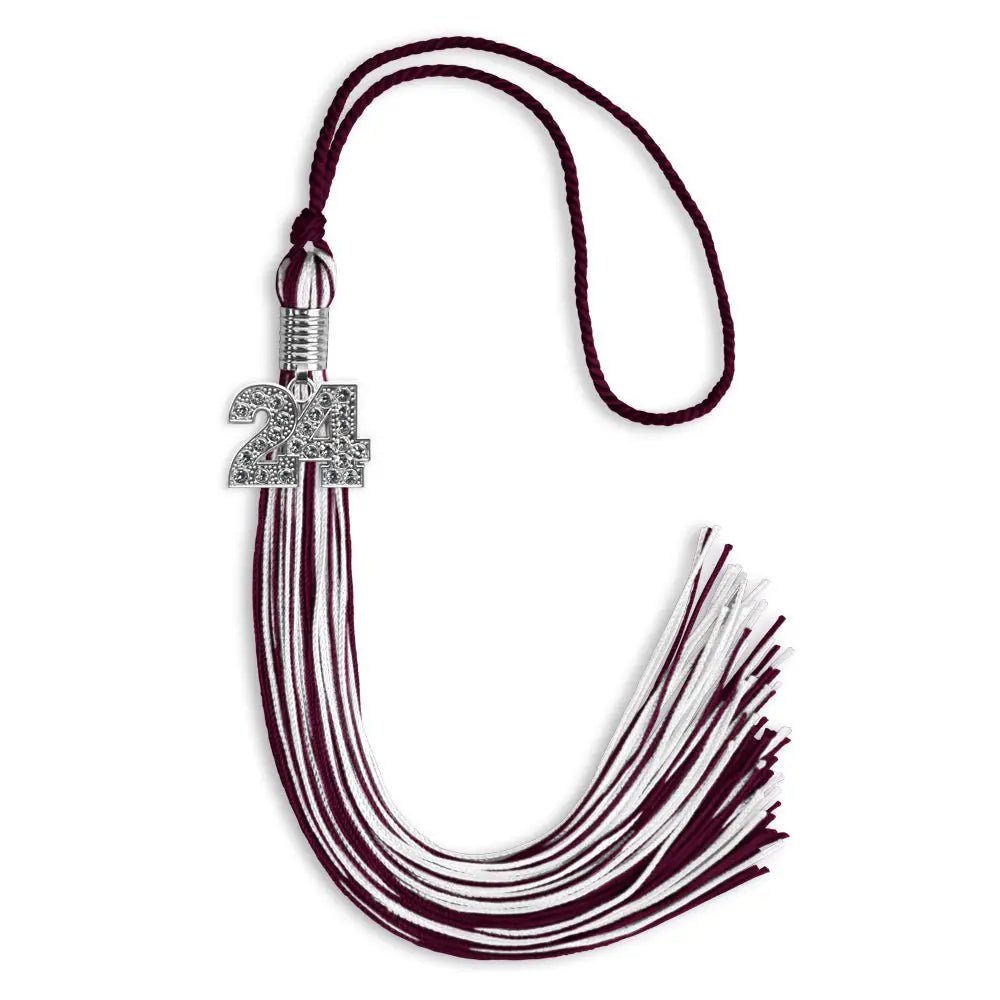 Maroon/White Mixed Color Graduation Tassel with Silver Bling Charm - Endea Graduation