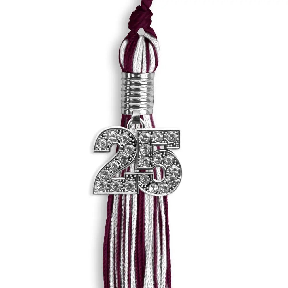 Maroon/White Mixed Color Graduation Tassel with Silver Bling Charm - Endea Graduation