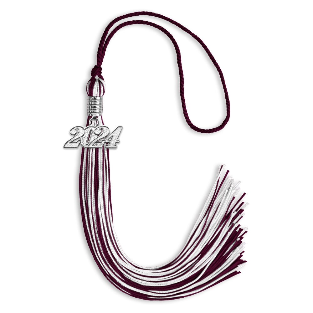 Maroon/White Mixed Color Graduation Tassel with Silver Date Drop - Endea Graduation