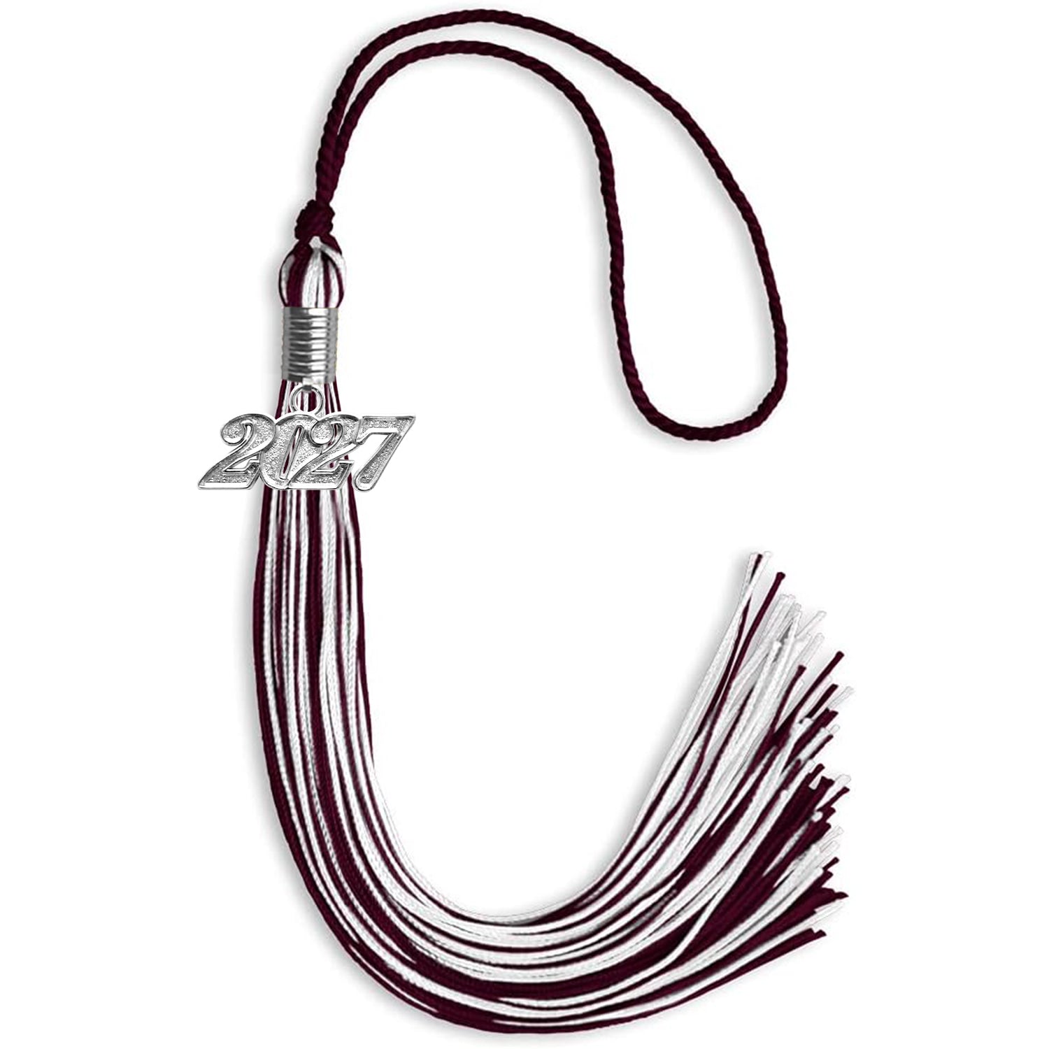 Maroon/White Mixed Color Graduation Tassel with Silver Date Drop - Endea Graduation