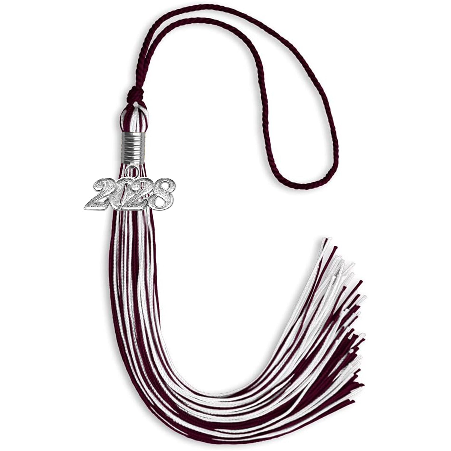 Maroon/White Mixed Color Graduation Tassel with Silver Date Drop - Endea Graduation