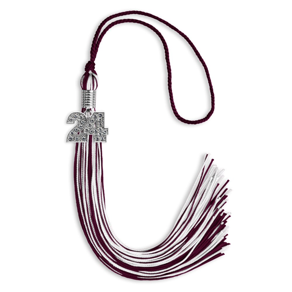 Maroon/White Mixed Color Graduation Tassel with Silver Date Drop - Endea Graduation