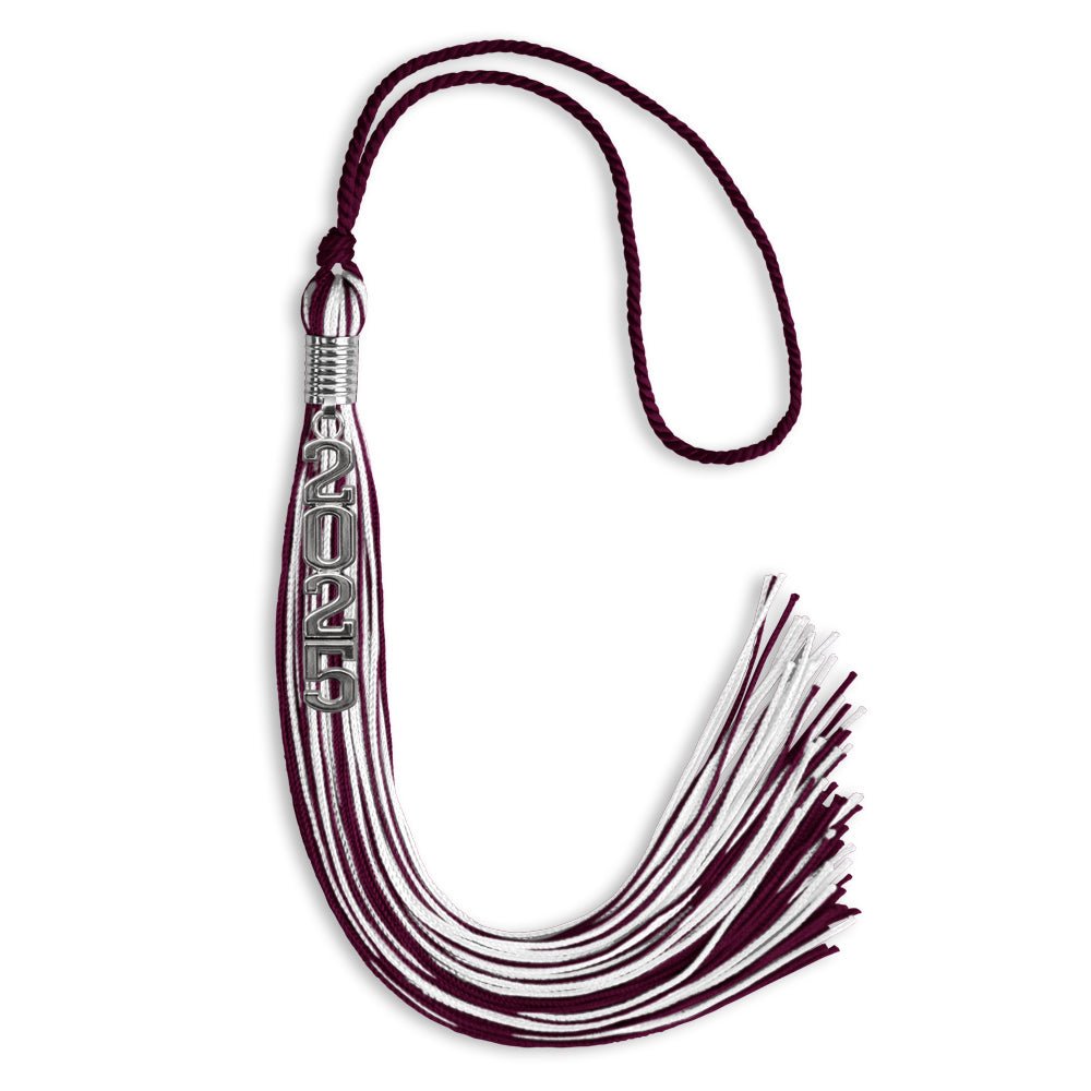 Maroon/White Mixed Color Graduation Tassel with Stacked Silver Date Drop - Endea Graduation