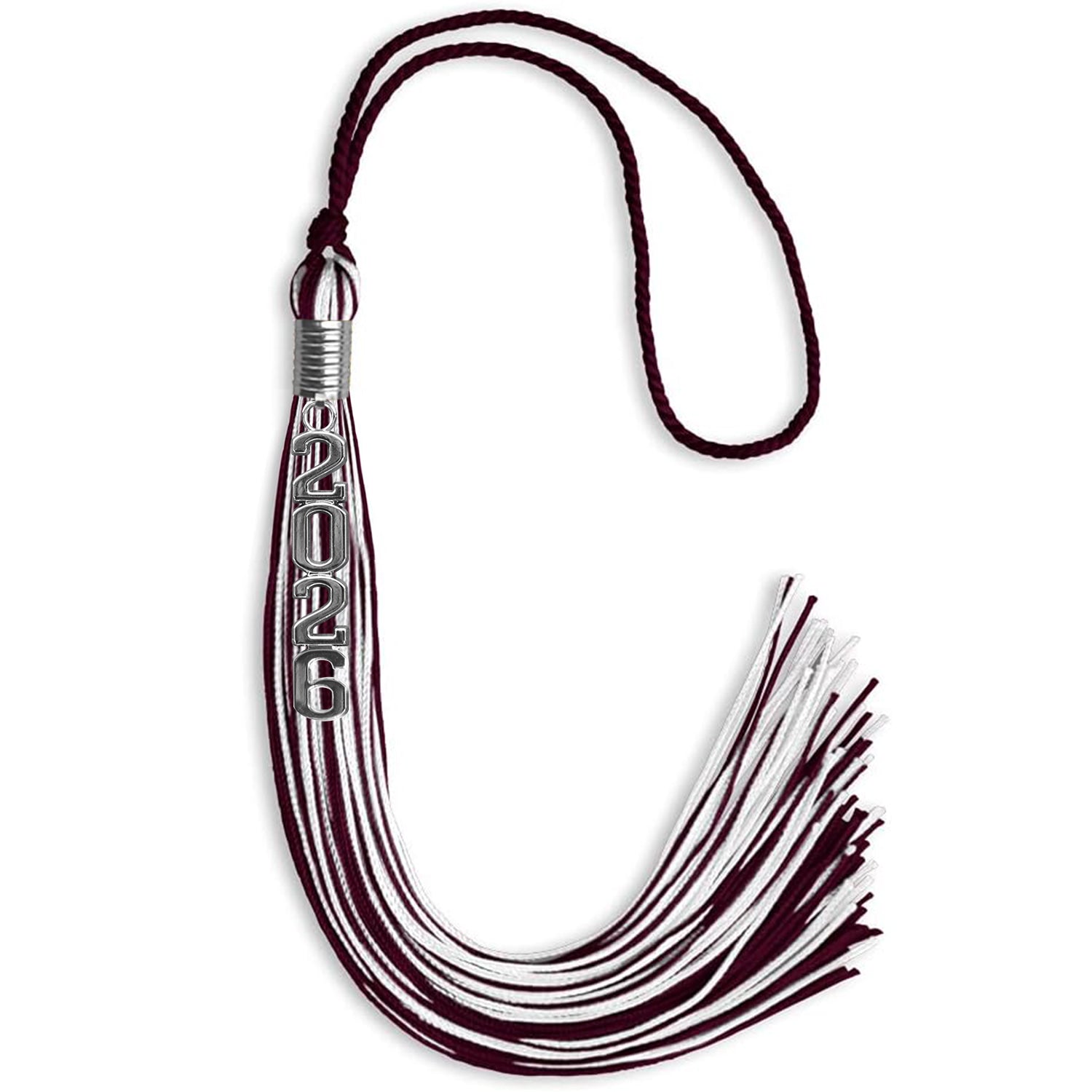 Maroon/White Mixed Color Graduation Tassel with Stacked Silver Date Drop - Endea Graduation