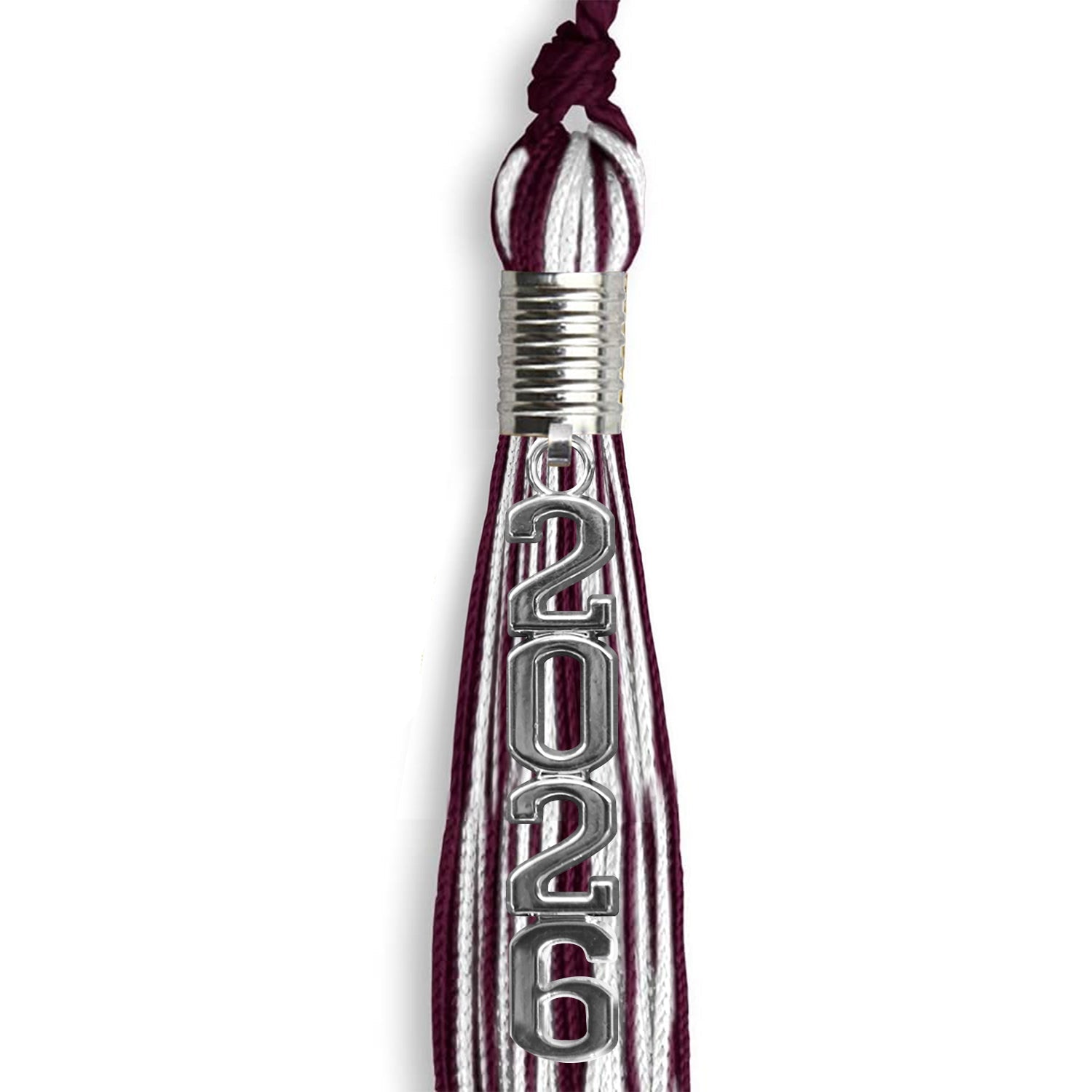 Maroon/White Mixed Color Graduation Tassel with Stacked Silver Date Drop - Endea Graduation