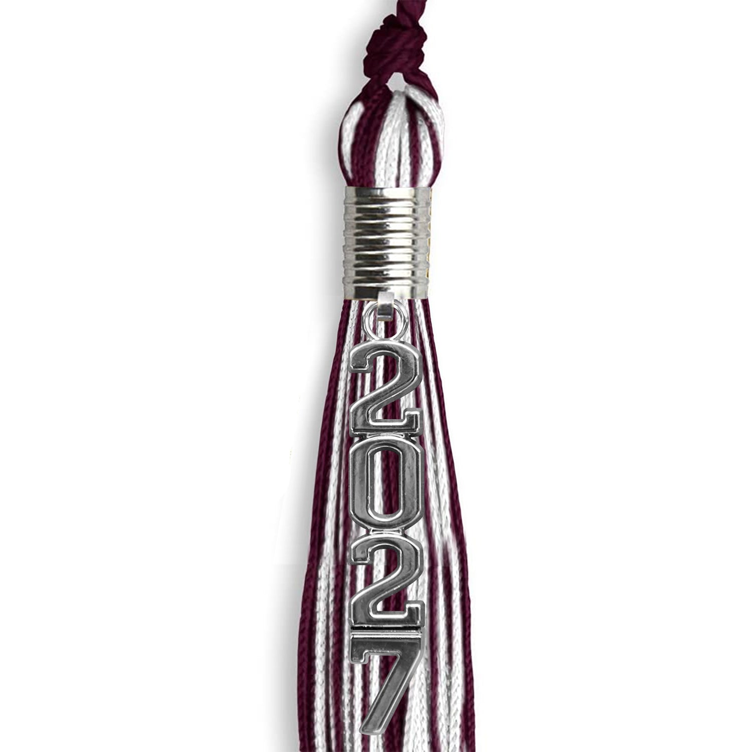 Maroon/White Mixed Color Graduation Tassel with Stacked Silver Date Drop - Endea Graduation