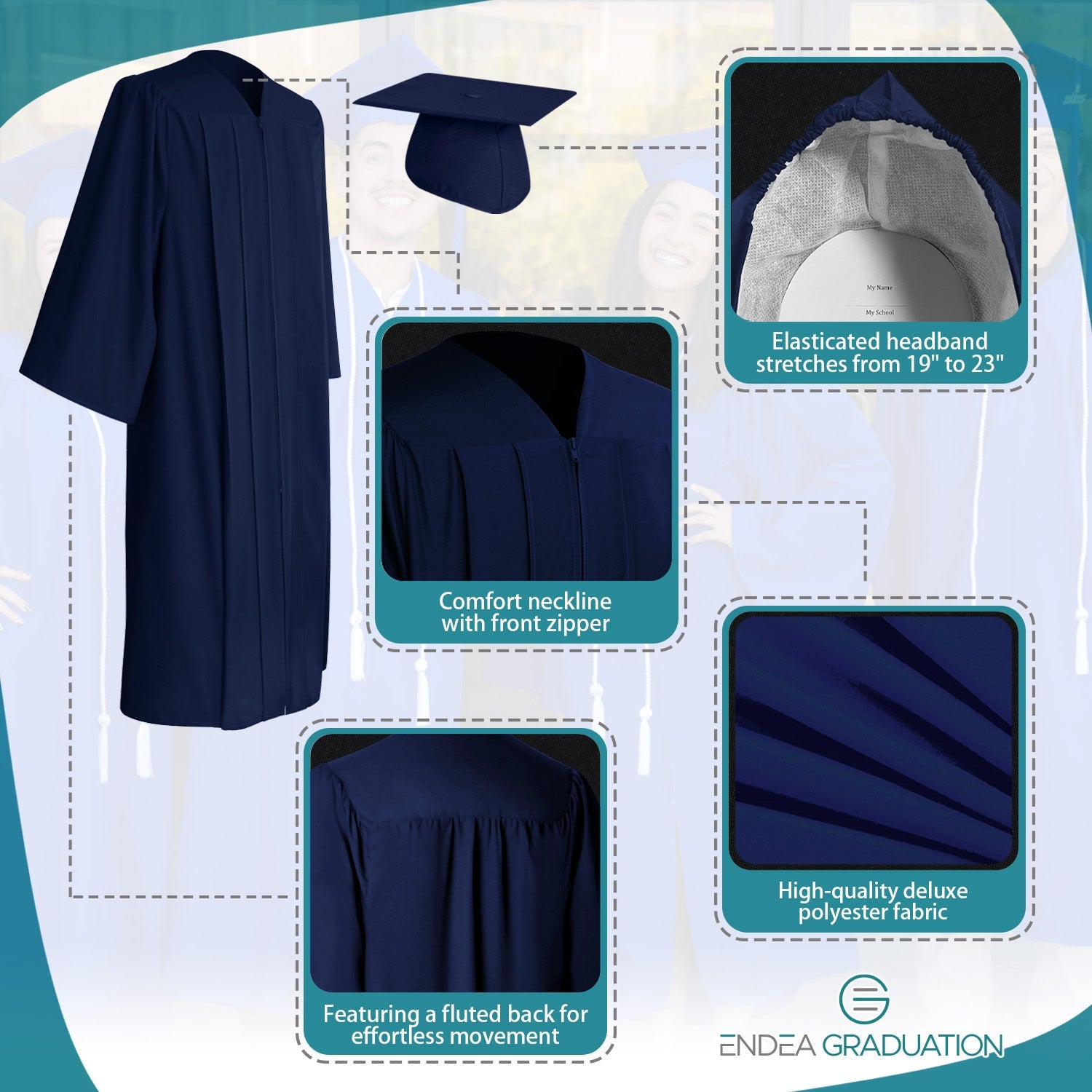 Matte Navy Blue Graduation Gown & Cap - Endea Graduation