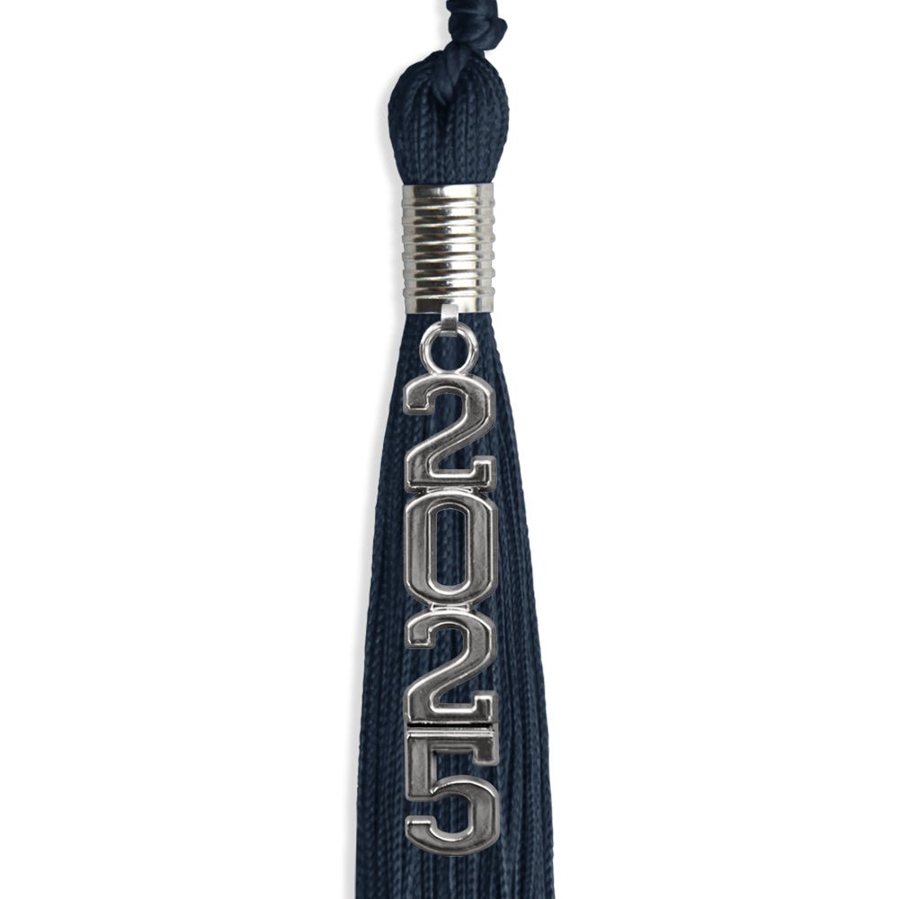 Navy Blue Graduation Tassel with Silver Stacked Date Drop - Endea Graduation