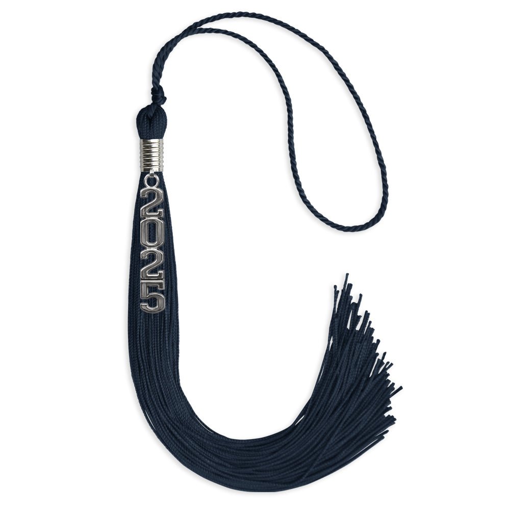 Navy Blue Graduation Tassel with Silver Stacked Date Drop - Endea Graduation