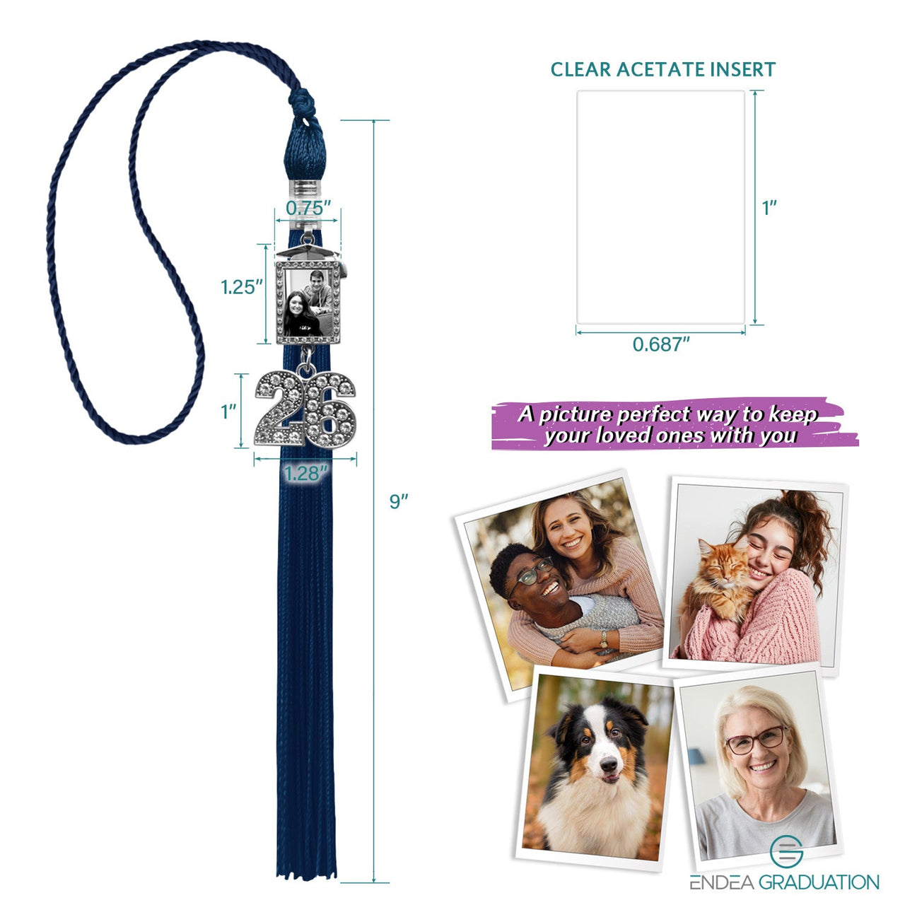 Navy Blue Tassel with Photo Frame Charm and Bling Charm - Endea Graduation