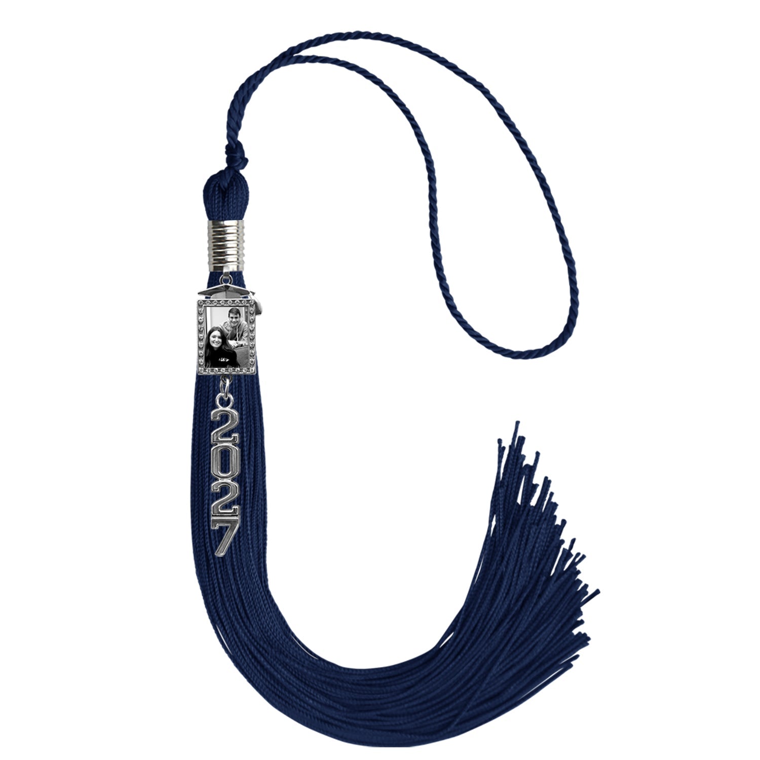 Navy Blue Tassel with Photo Frame Charm and Stacked Date Drop - Endea Graduation