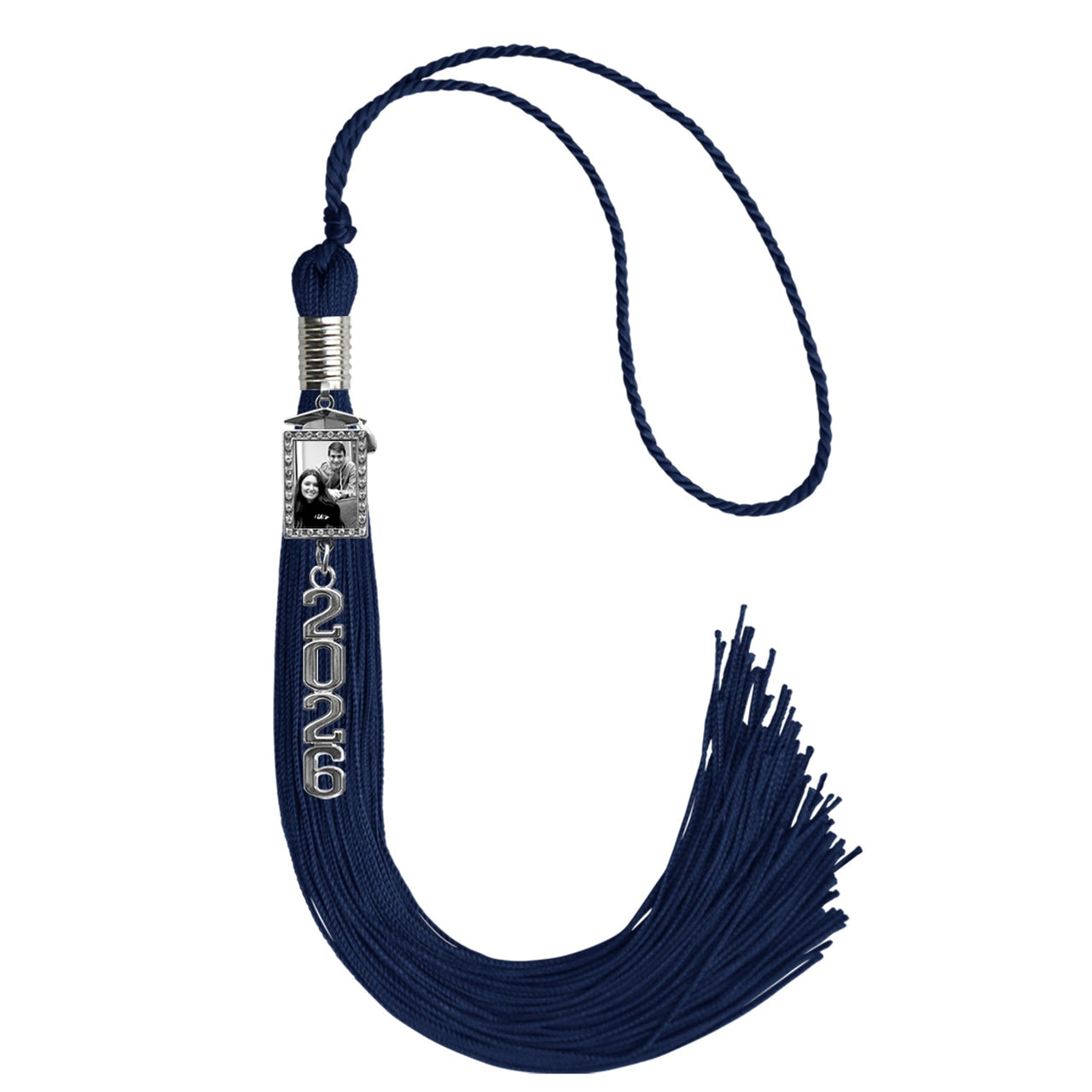 Navy Blue Tassel with Photo Frame Charm and Stacked Date Drop - Endea Graduation