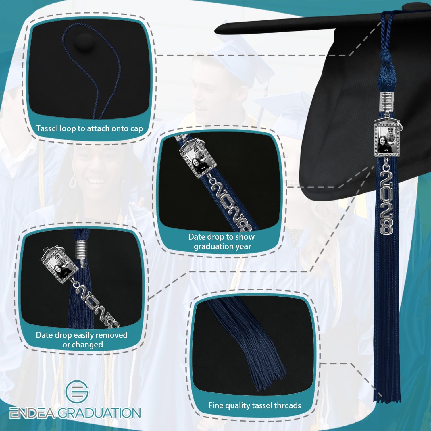 Navy Blue Tassel with Photo Frame Charm and Stacked Date Drop - Endea Graduation