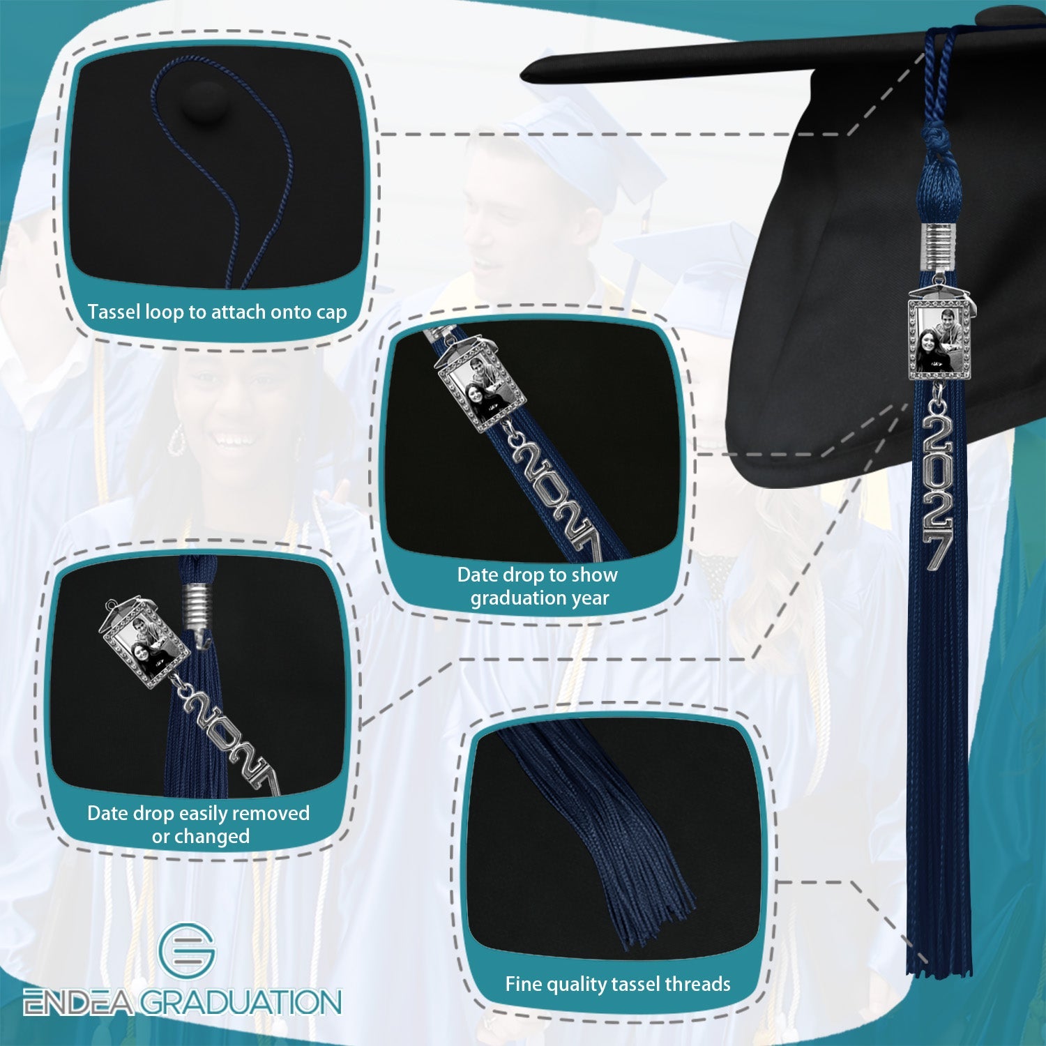 Navy Blue Tassel with Photo Frame Charm and Stacked Date Drop - Endea Graduation