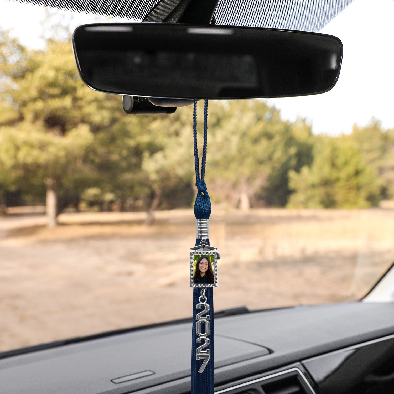 Navy Blue Tassel with Photo Frame Charm and Stacked Date Drop - Endea Graduation