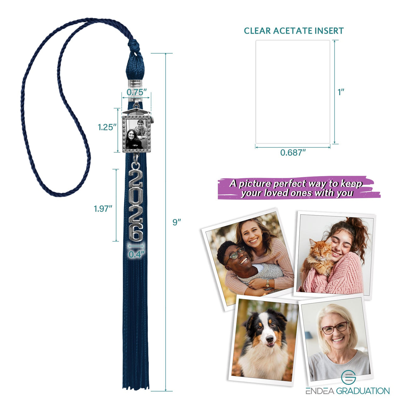 Navy Blue Tassel with Photo Frame Charm and Stacked Date Drop - Endea Graduation