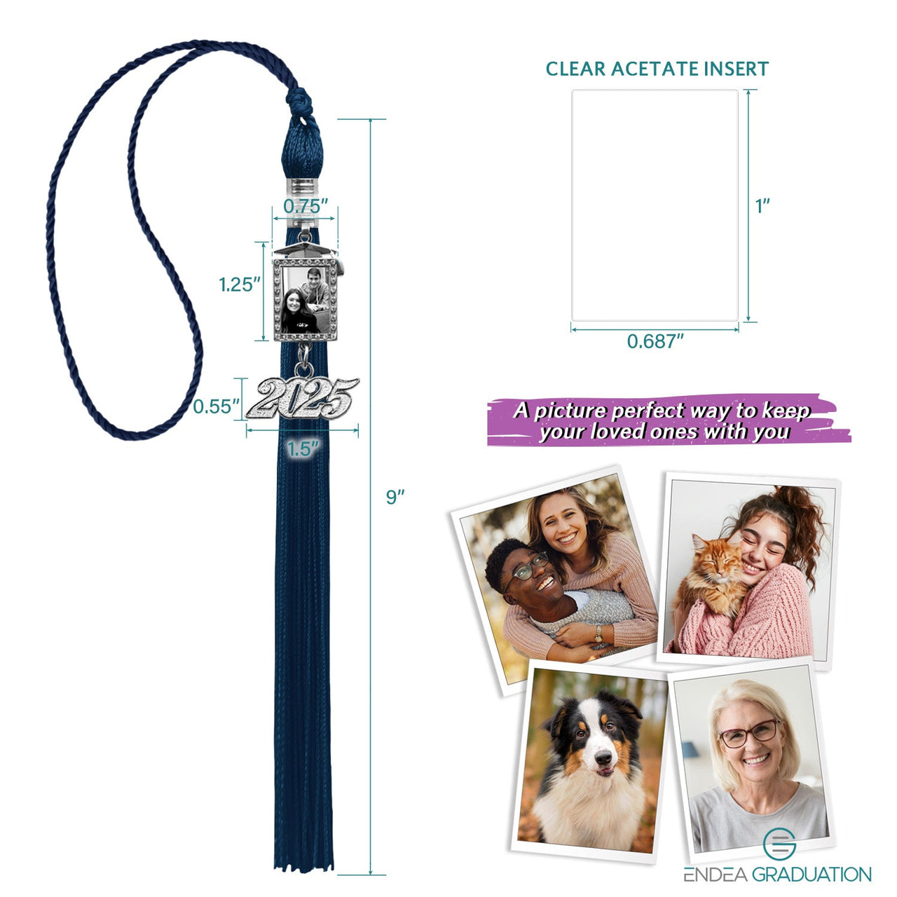 Navy Blue Tassel with Photo Frame Charm and Year Date Drop - Endea Graduation