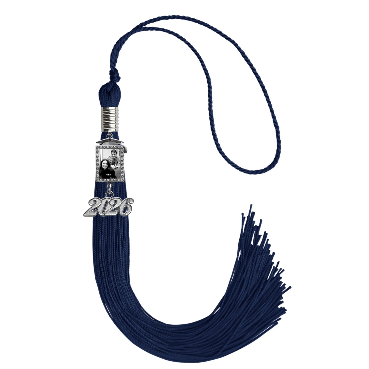 Navy Blue Tassel with Photo Frame Charm and Year Date Drop - Endea Graduation