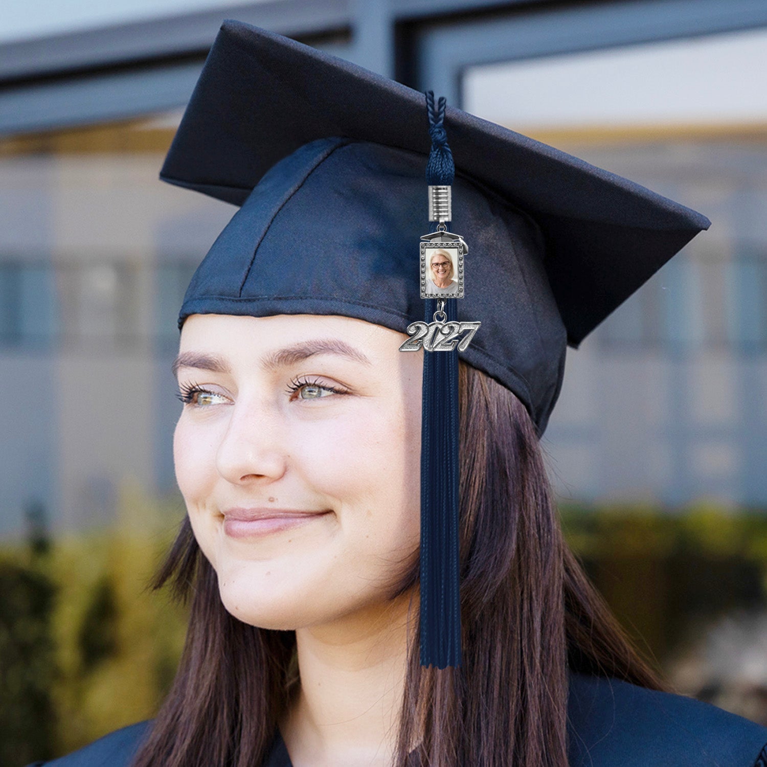 Navy Blue Tassel with Photo Frame Charm and Year Date Drop - Endea Graduation