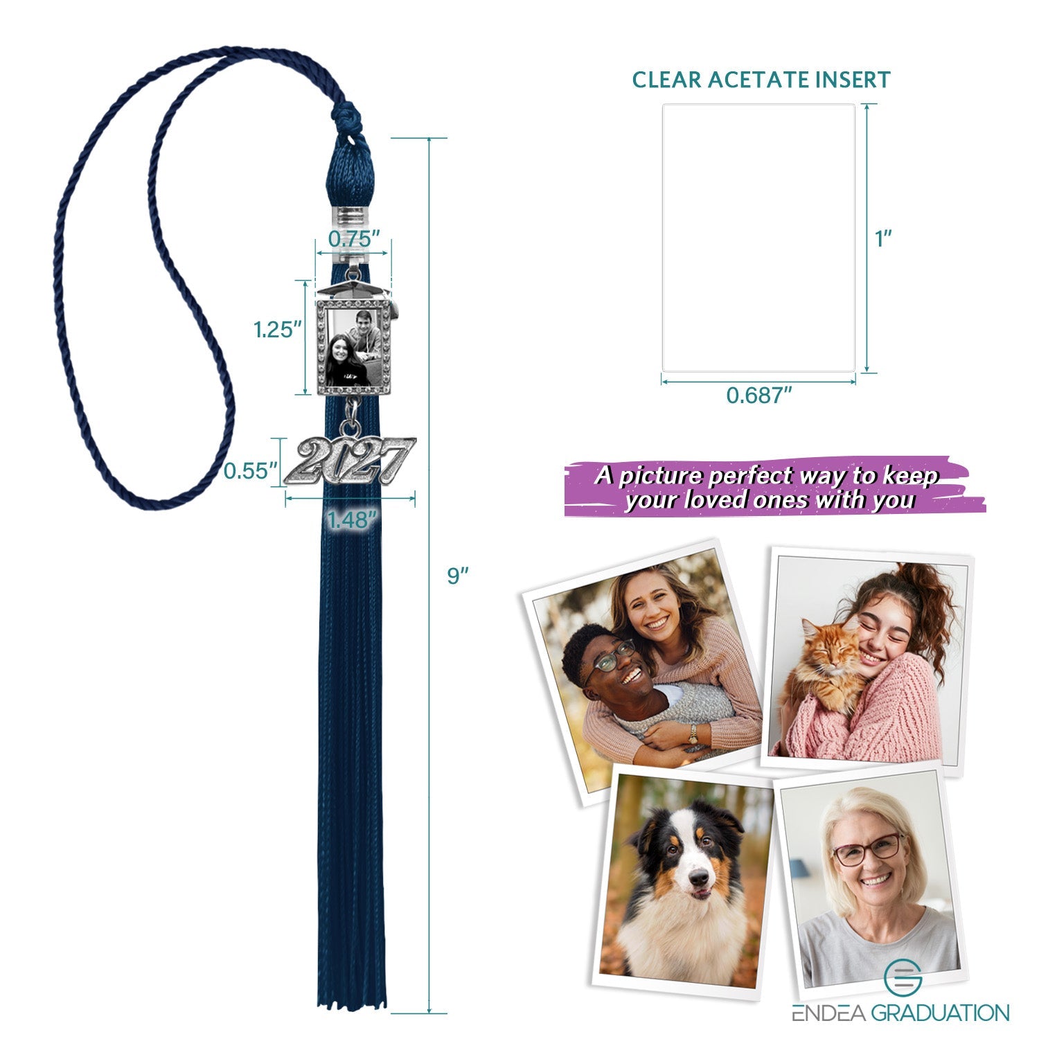Navy Blue Tassel with Photo Frame Charm and Year Date Drop - Endea Graduation