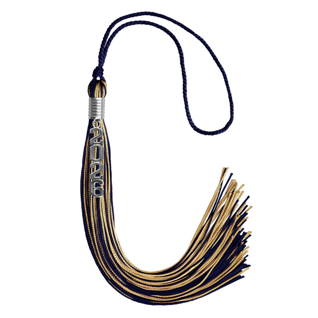 Navy Blue/Antique Gold Mixed Color Graduation Tassel with Stacked Silver Date Drop - Endea Graduation