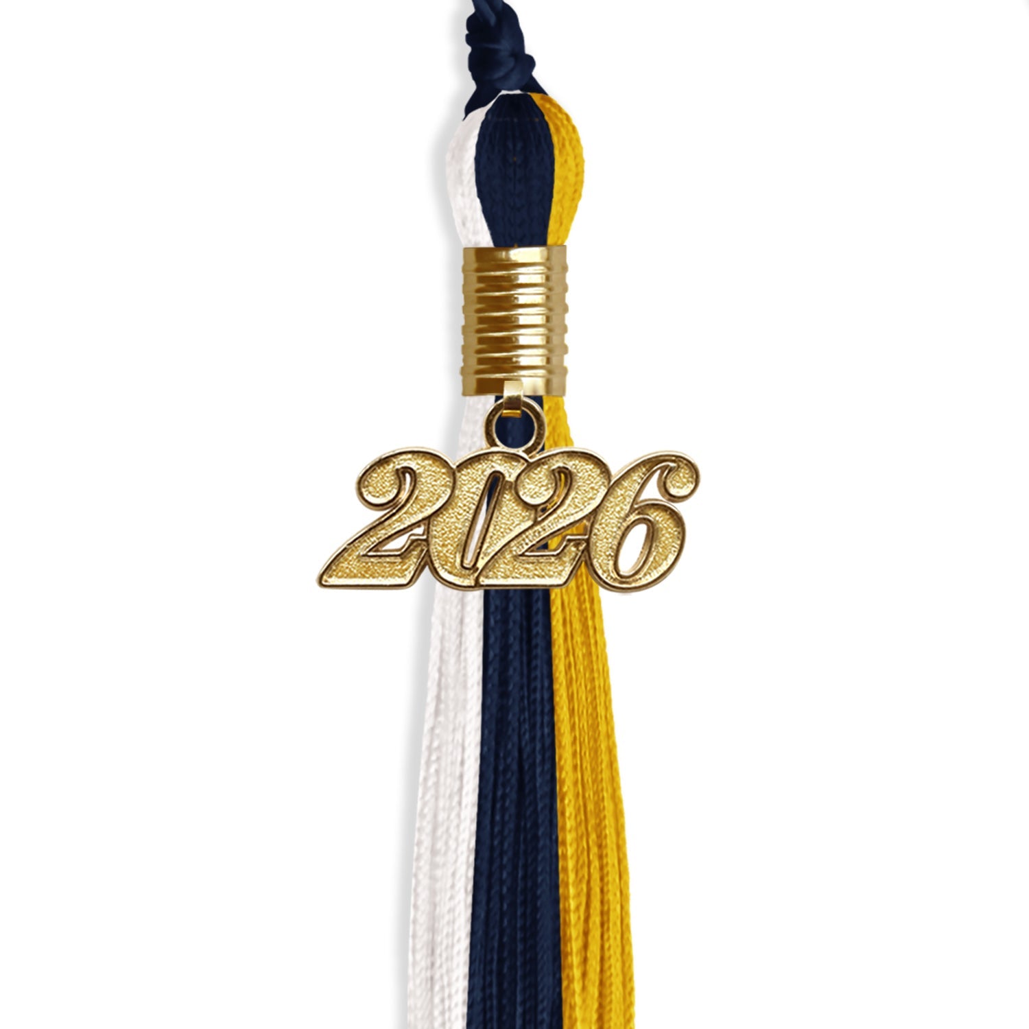 Navy Blue/Gold/White Graduation Tassel with Gold Date Drop - Endea Graduation